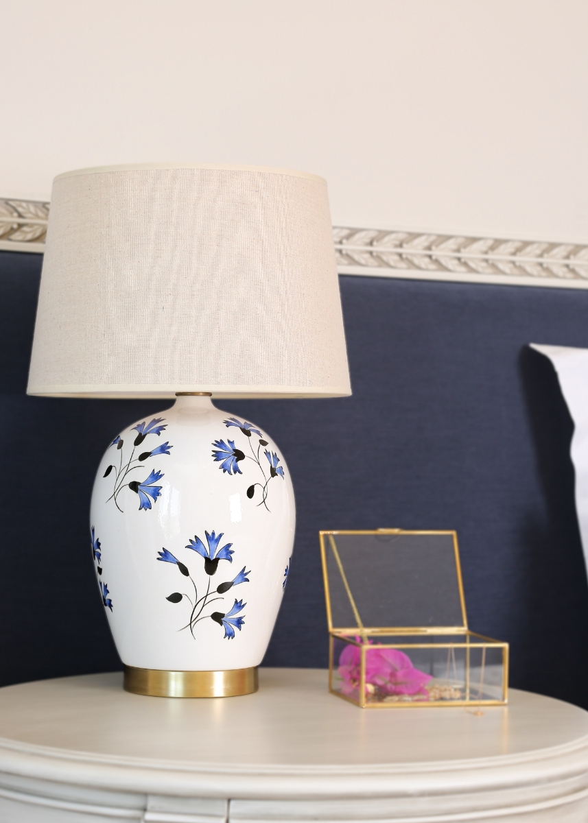 Modern Handmade Ceramic Table Lamp with Linen Lampshade Decorated with Blue Lily of the Nile