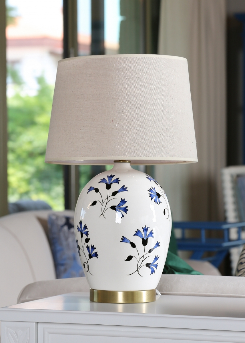 Modern Handmade Ceramic Table Lamp with Linen Lampshade Decorated with Blue Lily of the Nile