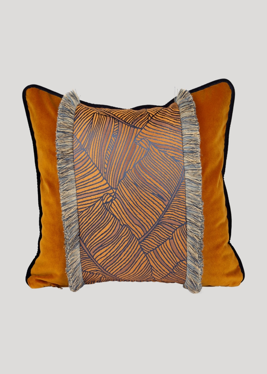 Patterned Decorative Fringed Cushion,Blue-Yellow