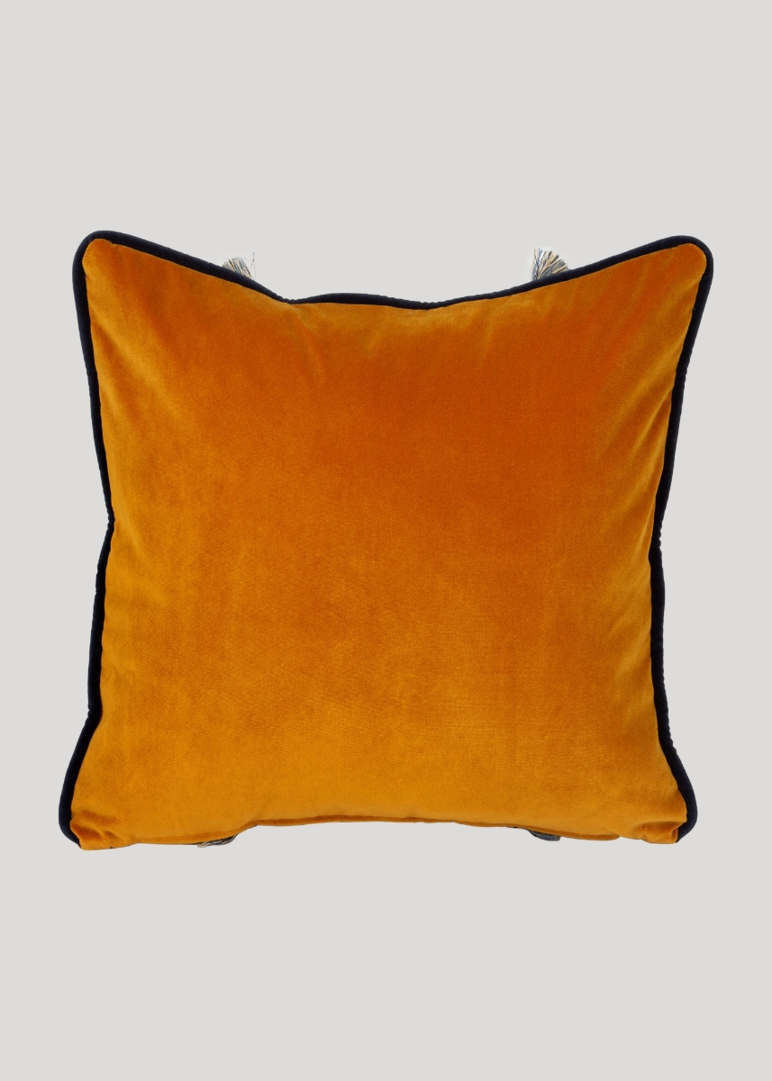 Patterned Decorative Fringed Cushion,Blue-Yellow