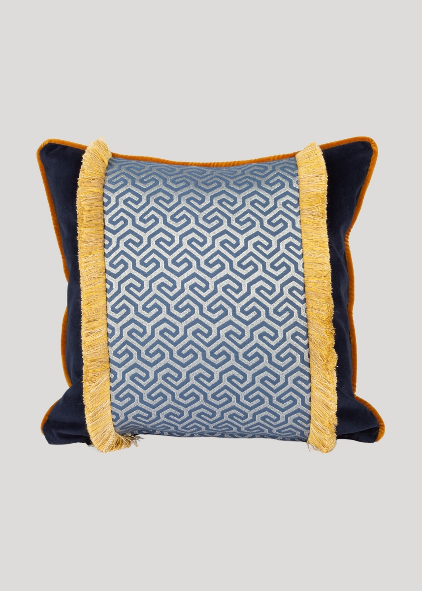 Patterned Decorative Fringed Cushion Case, Navy Blue-yellow
