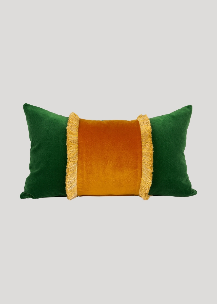 Patterned Decorative Fringed Cushion, Rectangle, Yellow-Green