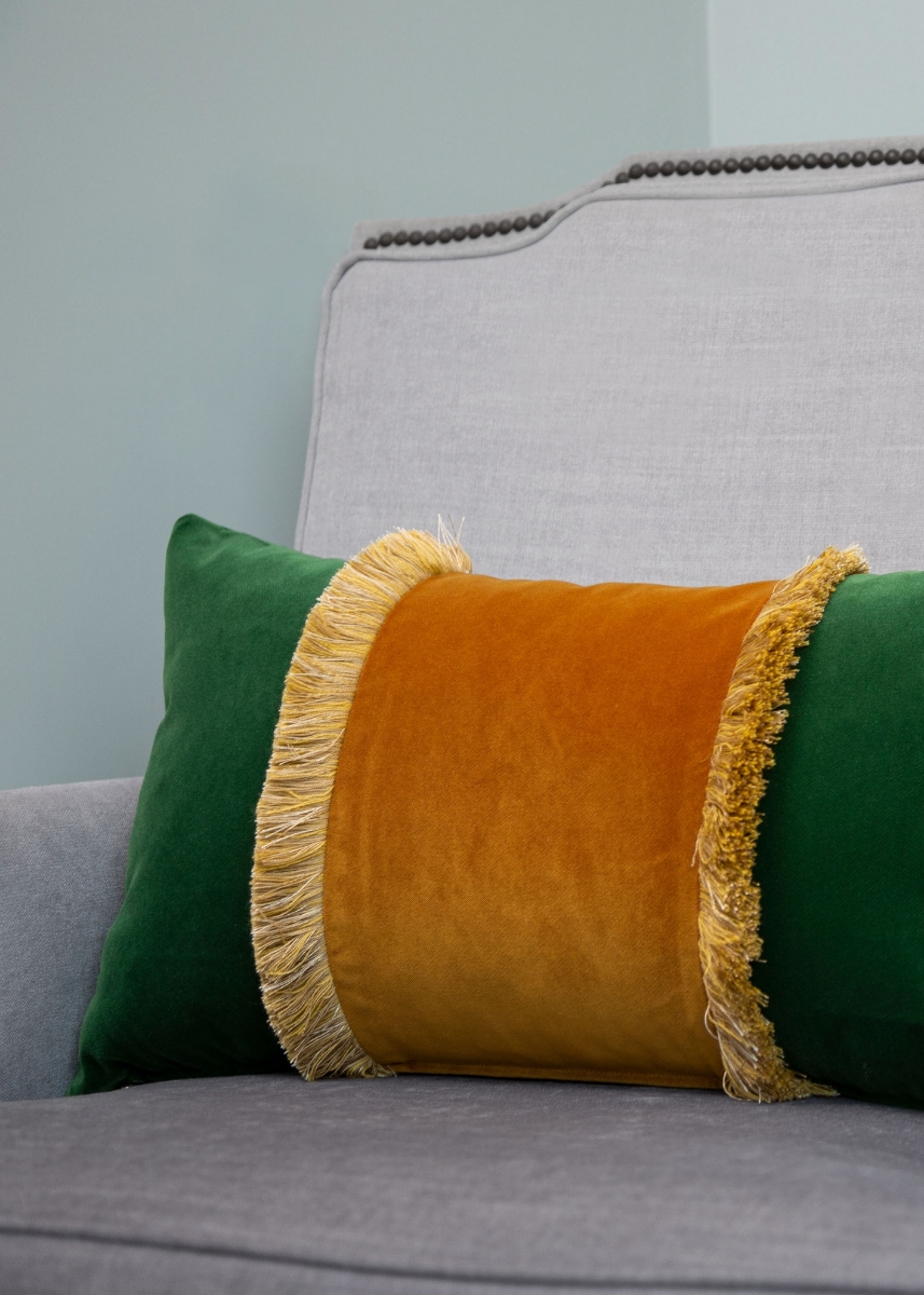 Patterned Decorative Fringed Cushion, Rectangle, Yellow-Green
