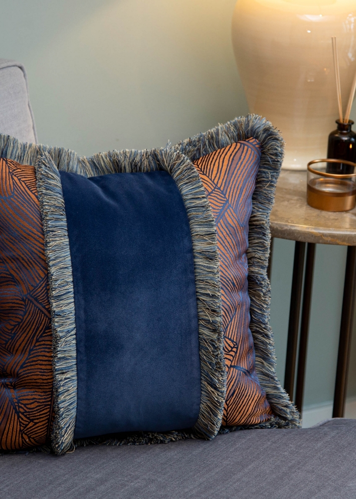 Patterned Decorative Fringed Cushion,Blue-Orange