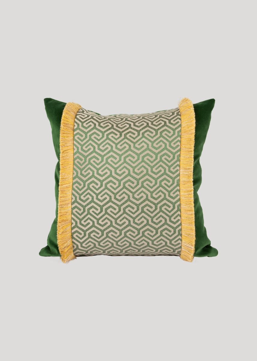 Patterned Decorative Fringed Cushion, Yellow-Green