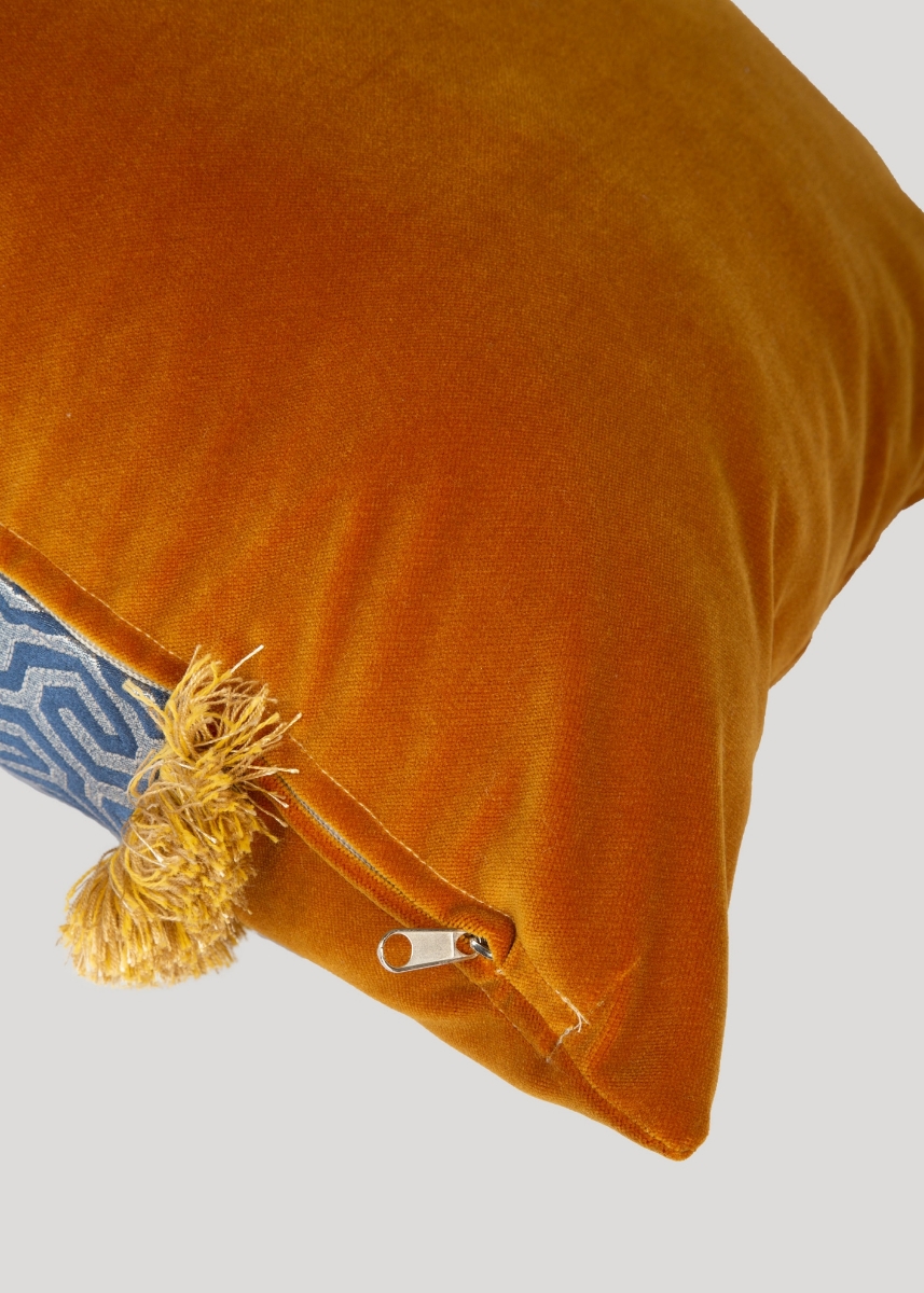Patterned Decorative Fringed Cushion, Yellow, Navy Blue 