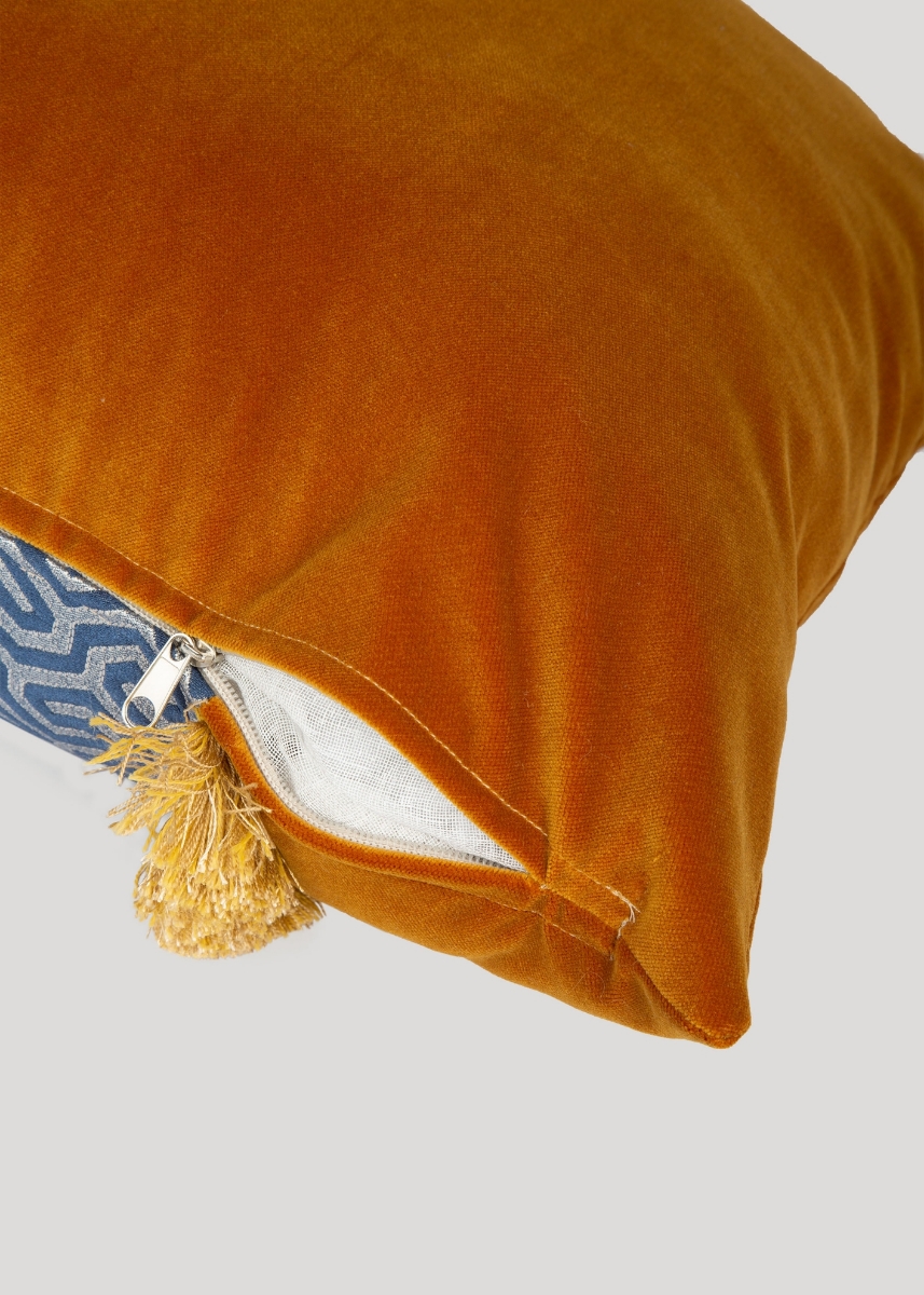 Patterned Decorative Fringed Cushion, Yellow, Navy Blue 