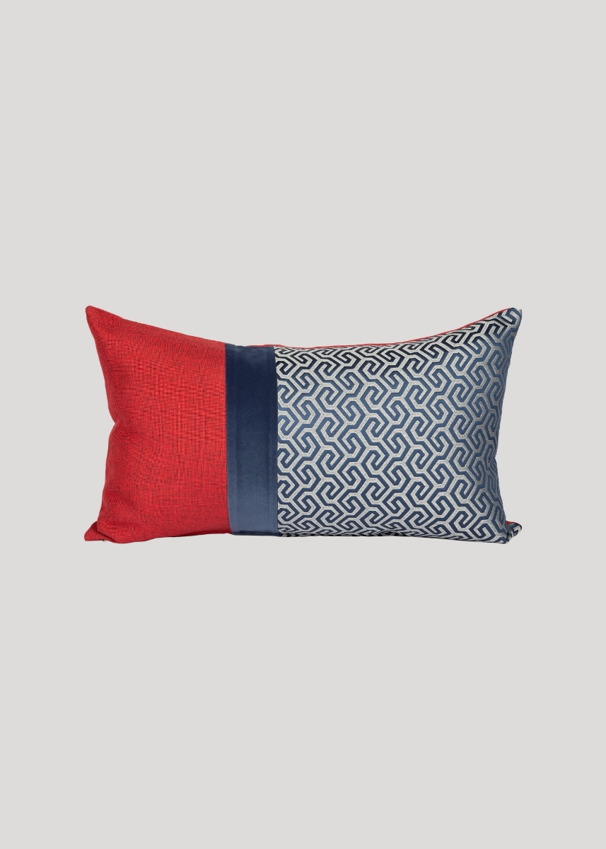 Velvet Combined Labyrinth Patterned Cushion in Blue and Red 
