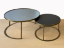 Smoked Grey Mirror and Black Lacquer Top Antique Brass Coffee Table Set