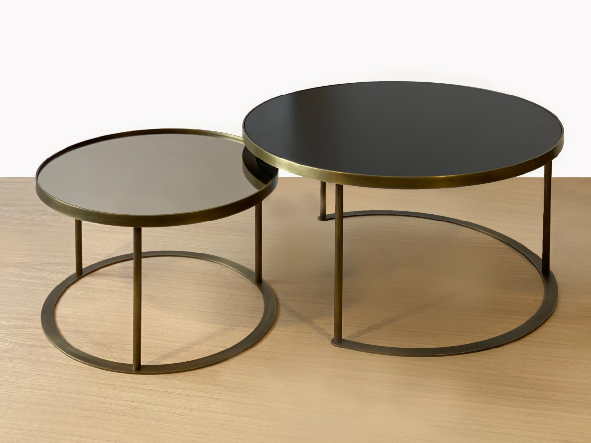 Black Lacquer and Bronze Mirror Top Antique Brass Coffee Table Set