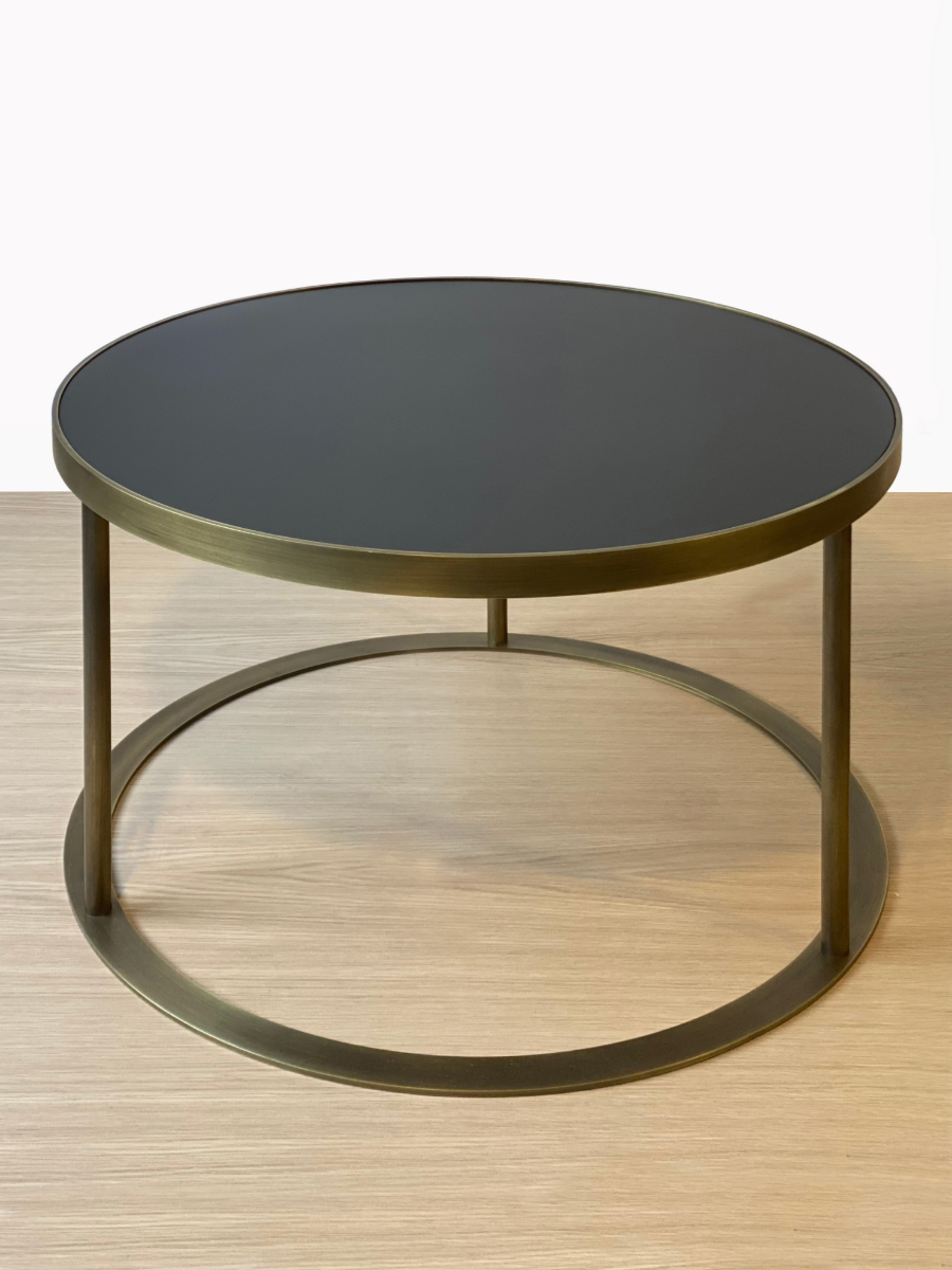 Antique Brass Framed Black Lacquer Top Small Coffee Table