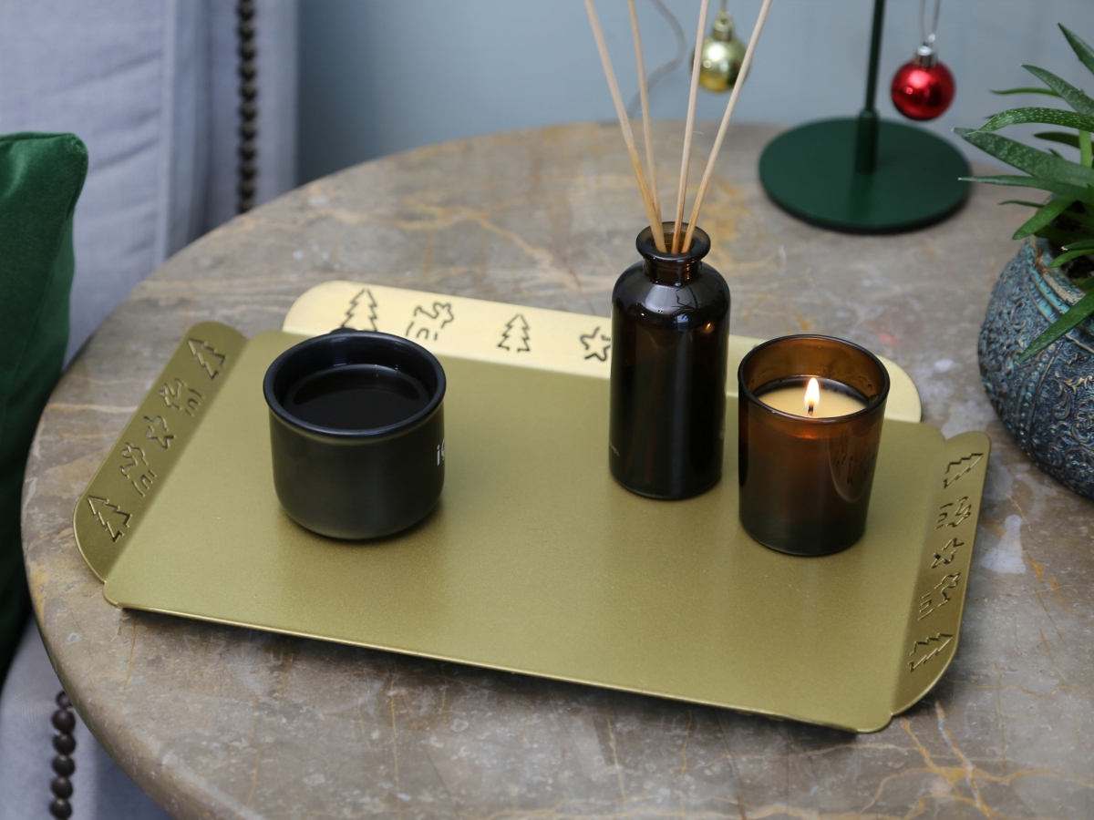 Gold Color Metal Tray with Christmas Figurated Rim